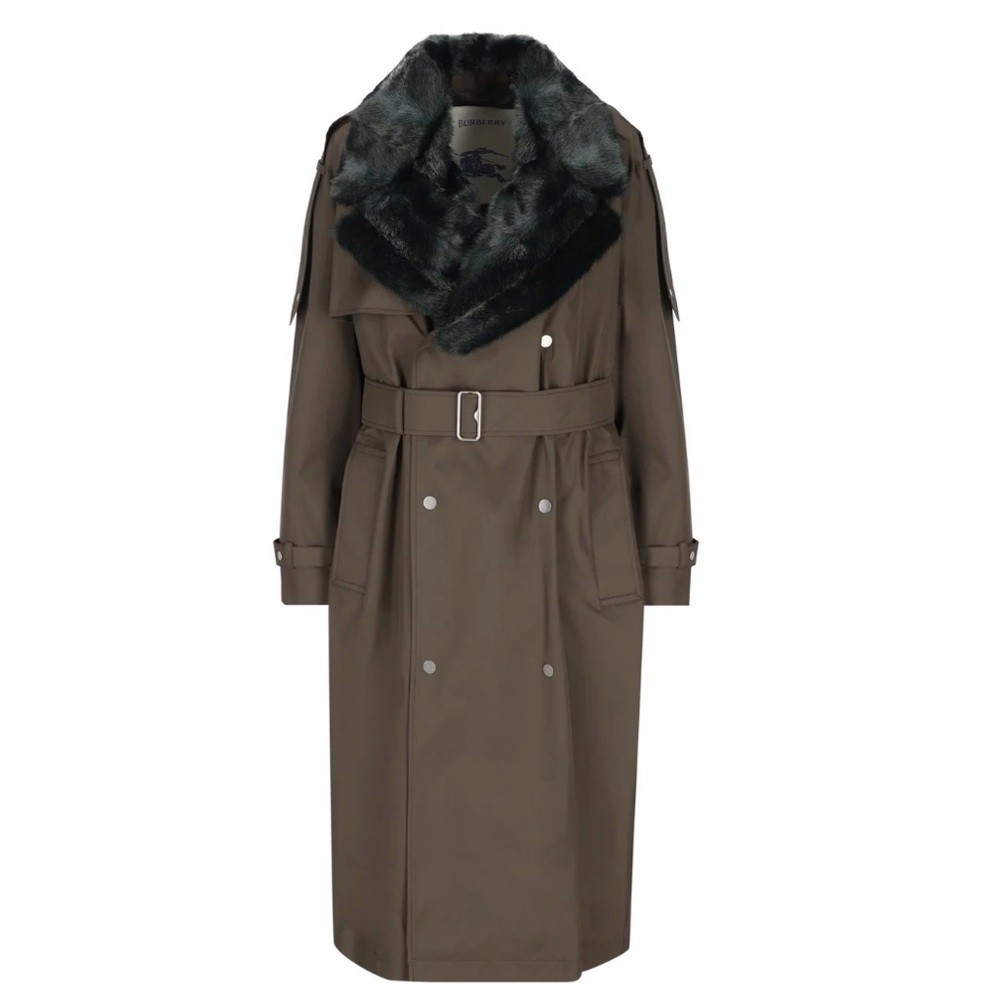 BURBERRY KENNINGTON Dark-Green Trench Coat w/Detachable Fur Collar size 8US, NWT